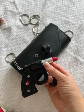 Black Leather Envelope Crossbody with Silver Chain - LIKE NEW - with lipstick
